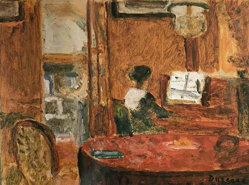 Woman in an interior, facing right, playing piano to the right of the painting. Table and chair to foreground with hanging light and open doorway leading to another room.